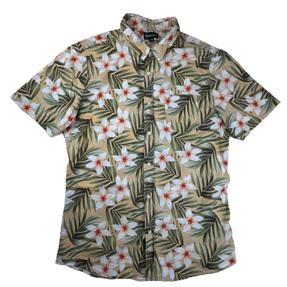 Bluenotes Mens Shirt Large Tan‎ Floral Tropical Cotton Short Sleeve Aloha Beach